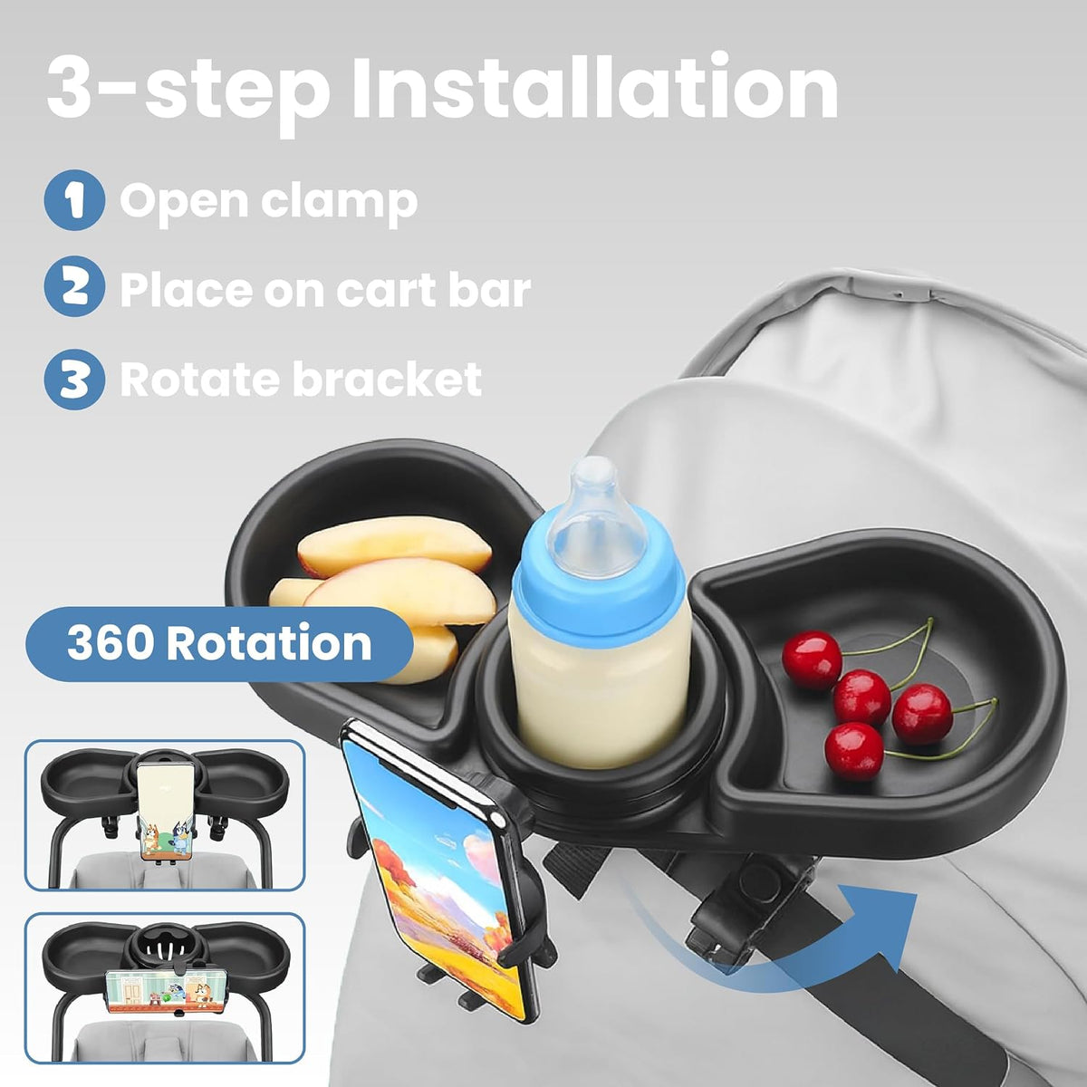Stroller Tray with Cup Holder & Phone Mount, 360° Rotation