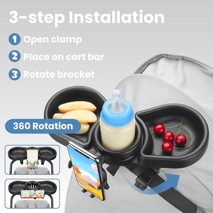 Stroller Tray with Cup Holder & Phone Mount, 360° Rotation