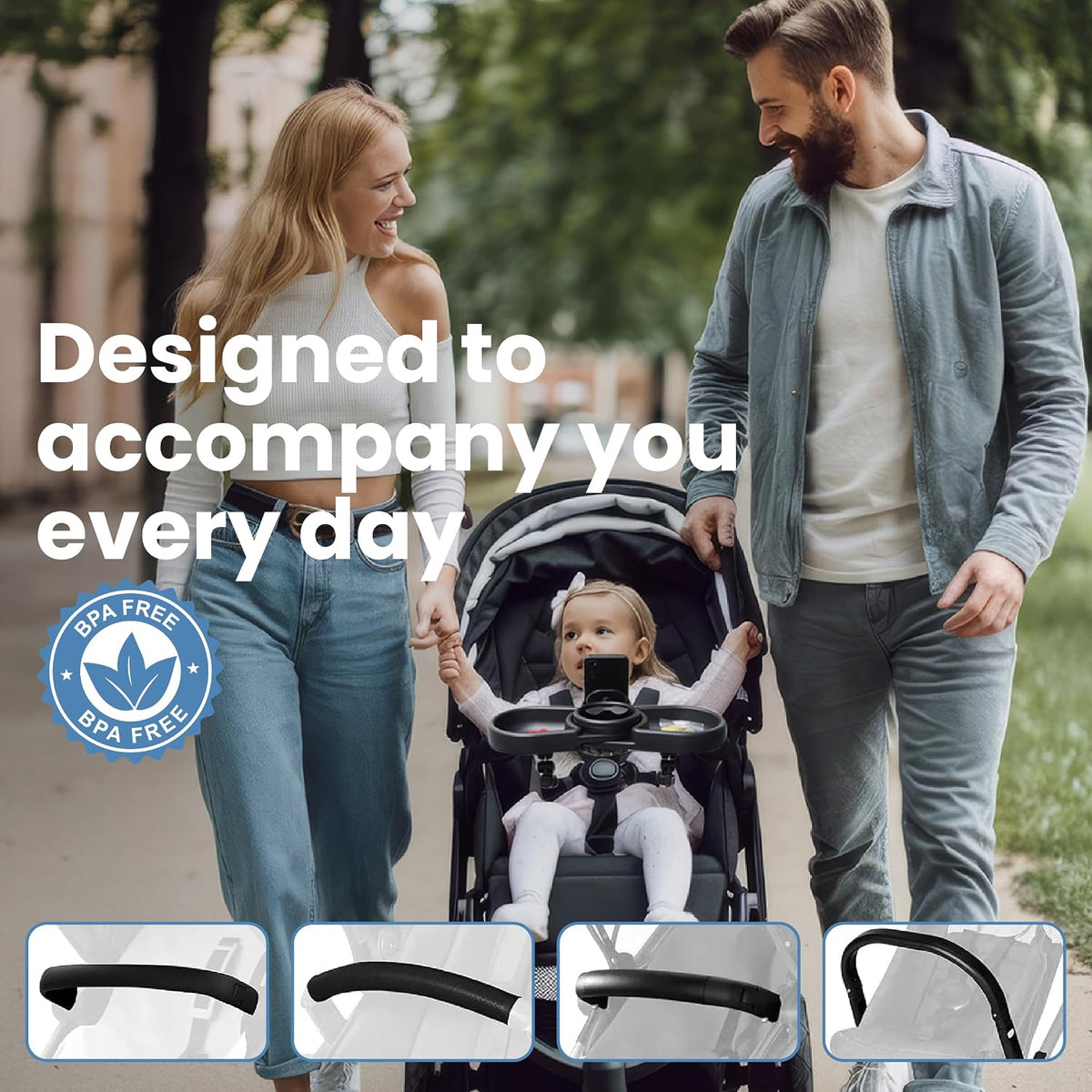 Stroller Tray with Cup Holder & Phone Mount, 360° Rotation