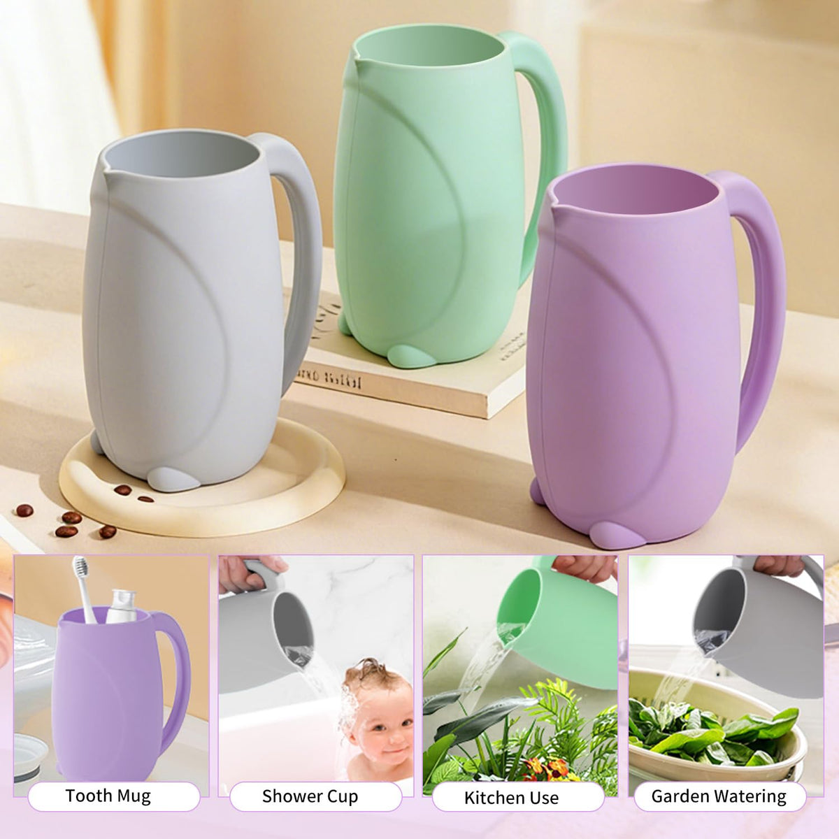 Baby Bath Rinse Cup - Food Grade Silicone - Shampoo & Body Washing Rinser Cup for Kids with Easy Grip Handle to Rinse Baby Shower - Baby Essentials (Mint+Brush)