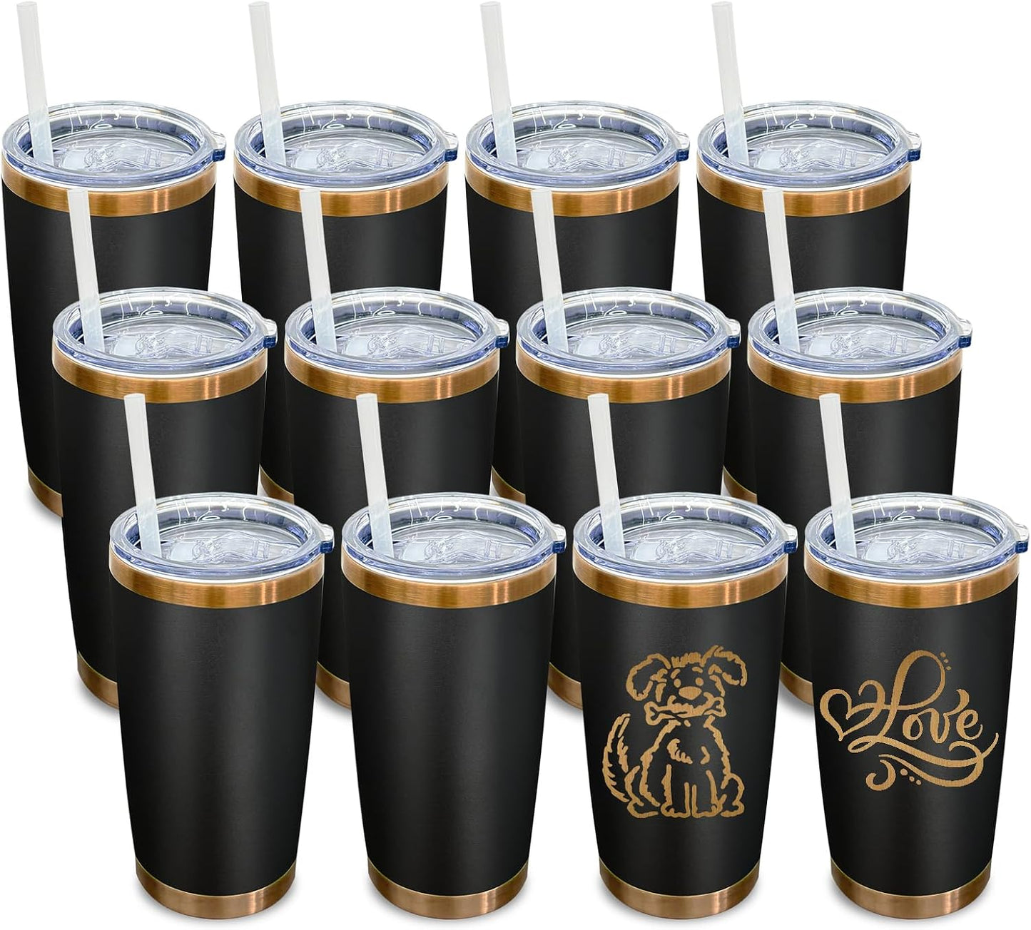 20 oz Tumbler Bulk Stainless Steel Tumblers with Lids and Straws Black | Double Wall Vacuum Insulated, Travel Coffee Mug, Powder Coated, Laser Engrave, Keep Drinks Cold & Hot, Leakproof, 1Pack