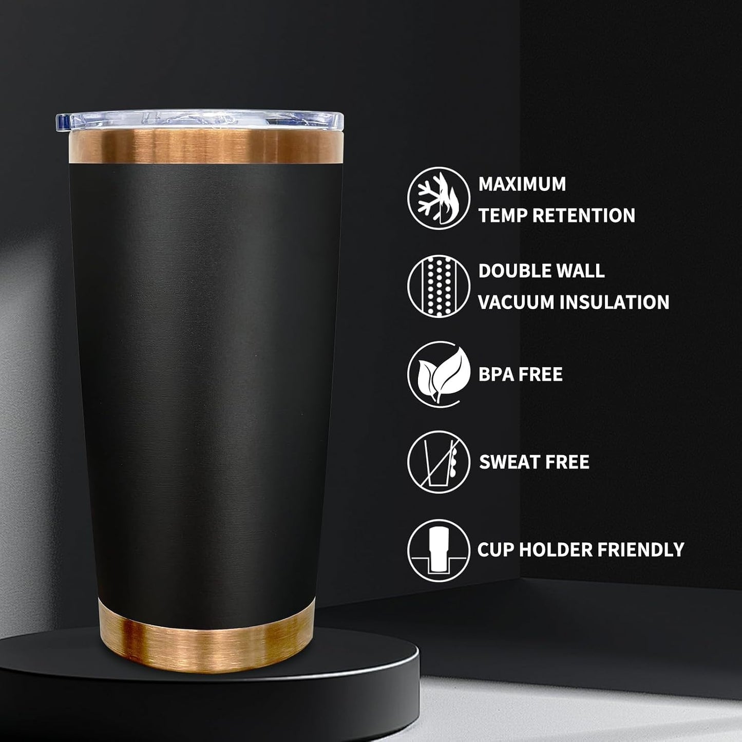 20 oz Tumbler Bulk Stainless Steel Tumblers with Lids and Straws Black | Double Wall Vacuum Insulated, Travel Coffee Mug, Powder Coated, Laser Engrave, Keep Drinks Cold & Hot, Leakproof, 1Pack