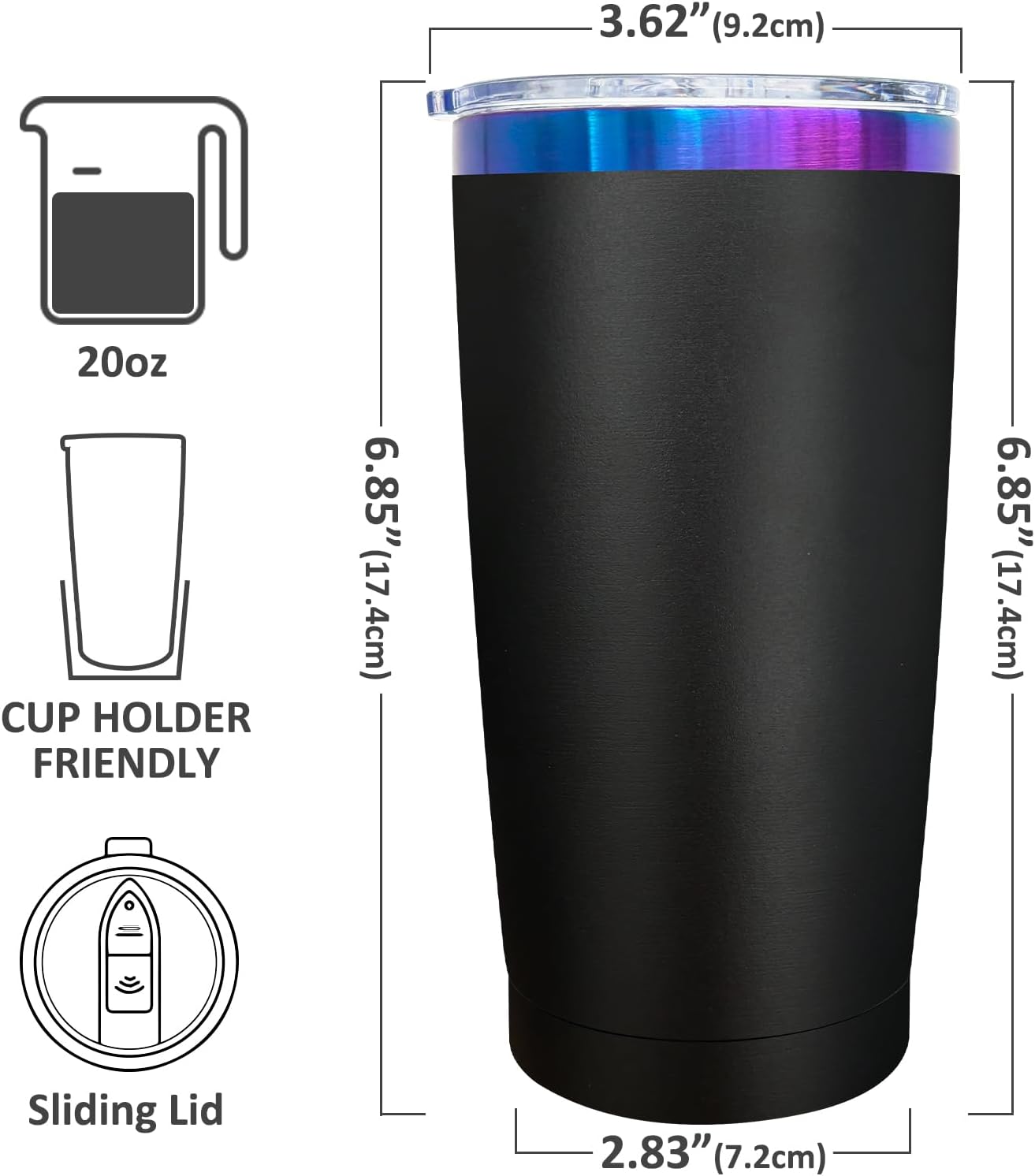 20 oz Tumbler Bulk Stainless Steel Tumblers with Lids and Straws Black | Double Wall Vacuum Insulated, Travel Coffee Mug, Powder Coated, Laser Engrave, Keep Drinks Cold & Hot, Leakproof, 1Pack