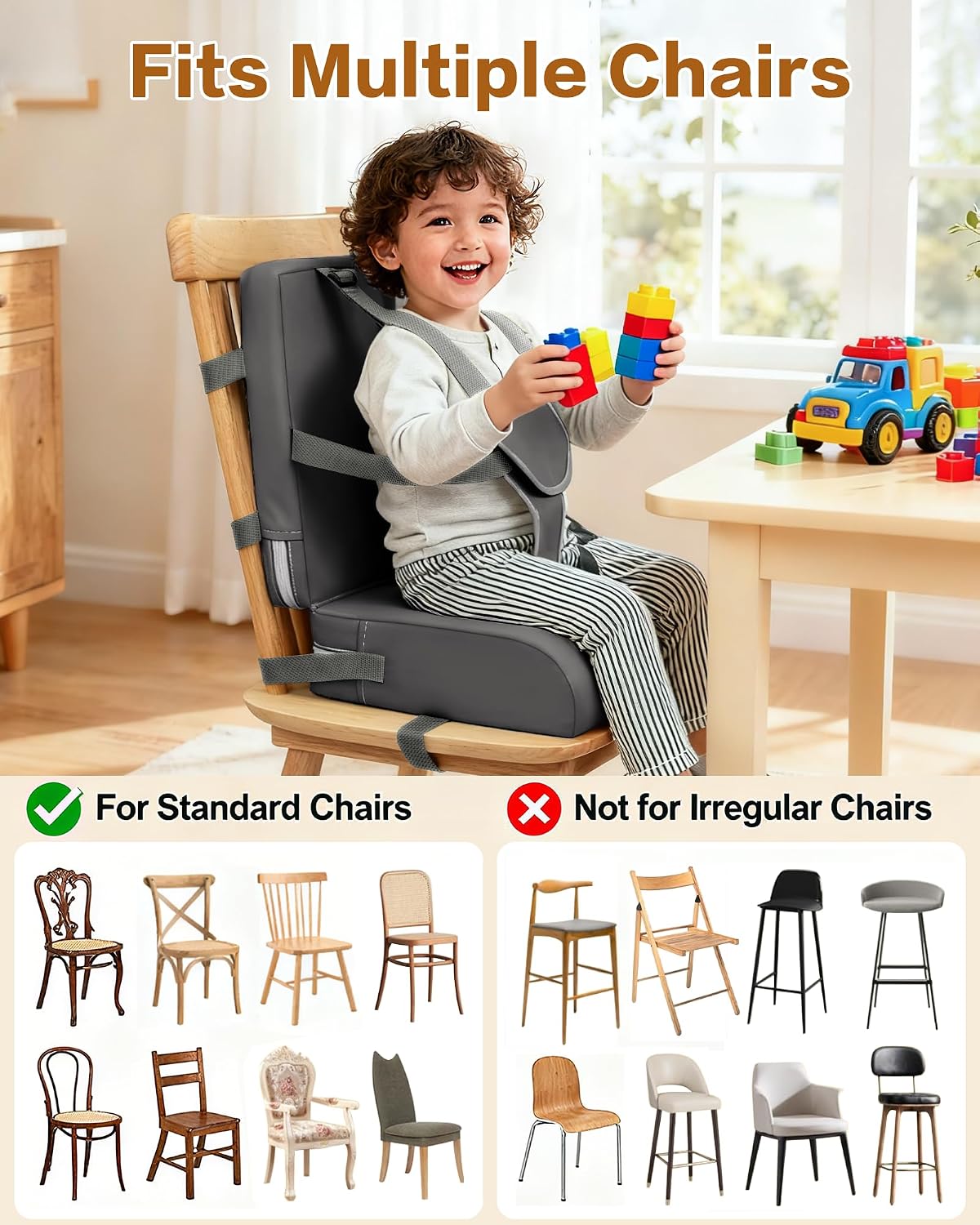 Booster Seat for Kitchen Chair, Adjustable Harness and Backrest