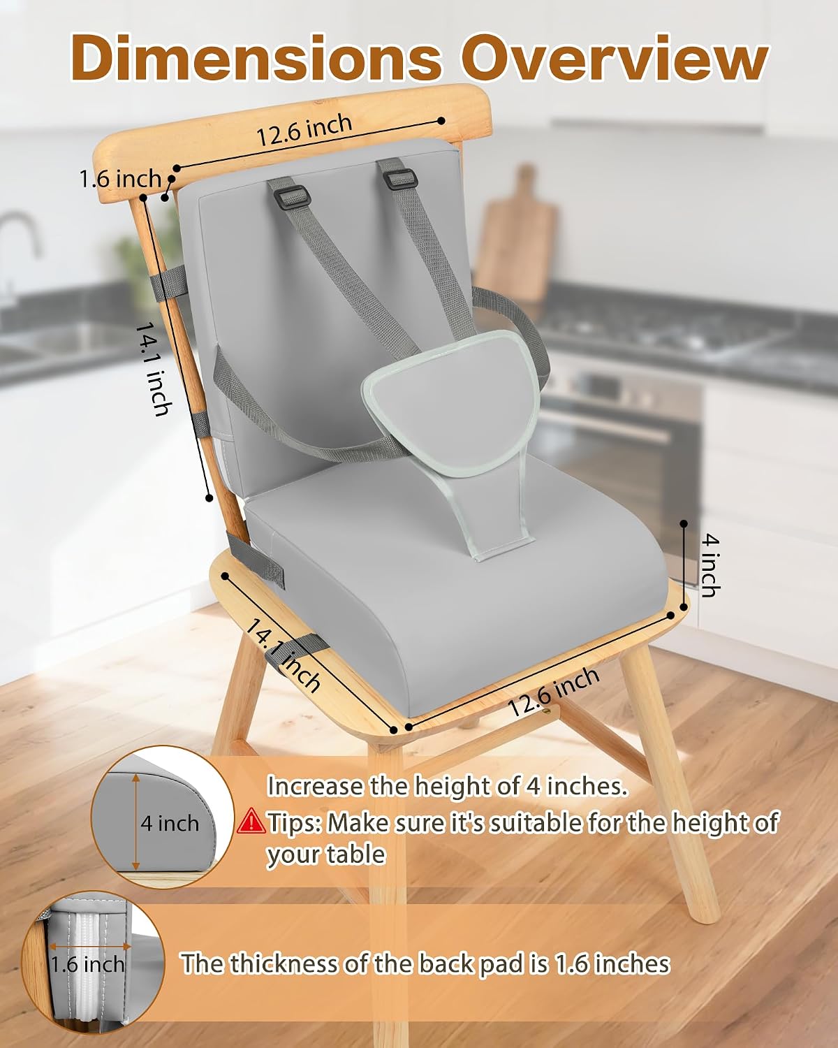 Booster Seat for Kitchen Chair, Adjustable Harness and Backrest