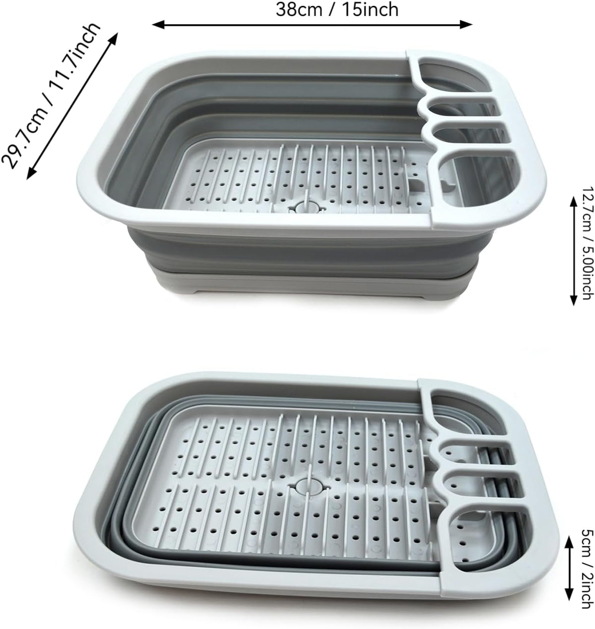 Collapsible Dish Drainer with Drainer Board - Foldable Drying Rack Set - Portable Dinnerware Organizer - Space Saving Kitchen Storage Tray (1, Grey)