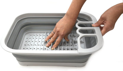 Collapsible Dish Drainer with Drainer Board - Foldable Drying Rack Set - Portable Dinnerware Organizer - Space Saving Kitchen Storage Tray (1, Grey)