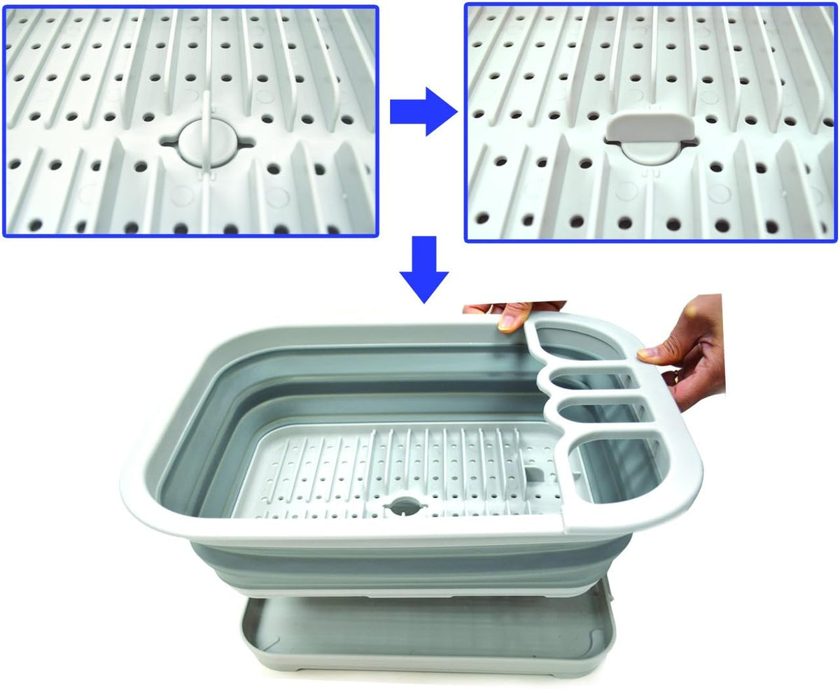 Collapsible Dish Drainer with Drainer Board - Foldable Drying Rack Set - Portable Dinnerware Organizer - Space Saving Kitchen Storage Tray (1, Grey)