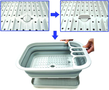 Collapsible Dish Drainer with Drainer Board - Foldable Drying Rack Set - Portable Dinnerware Organizer - Space Saving Kitchen Storage Tray (1, Grey)