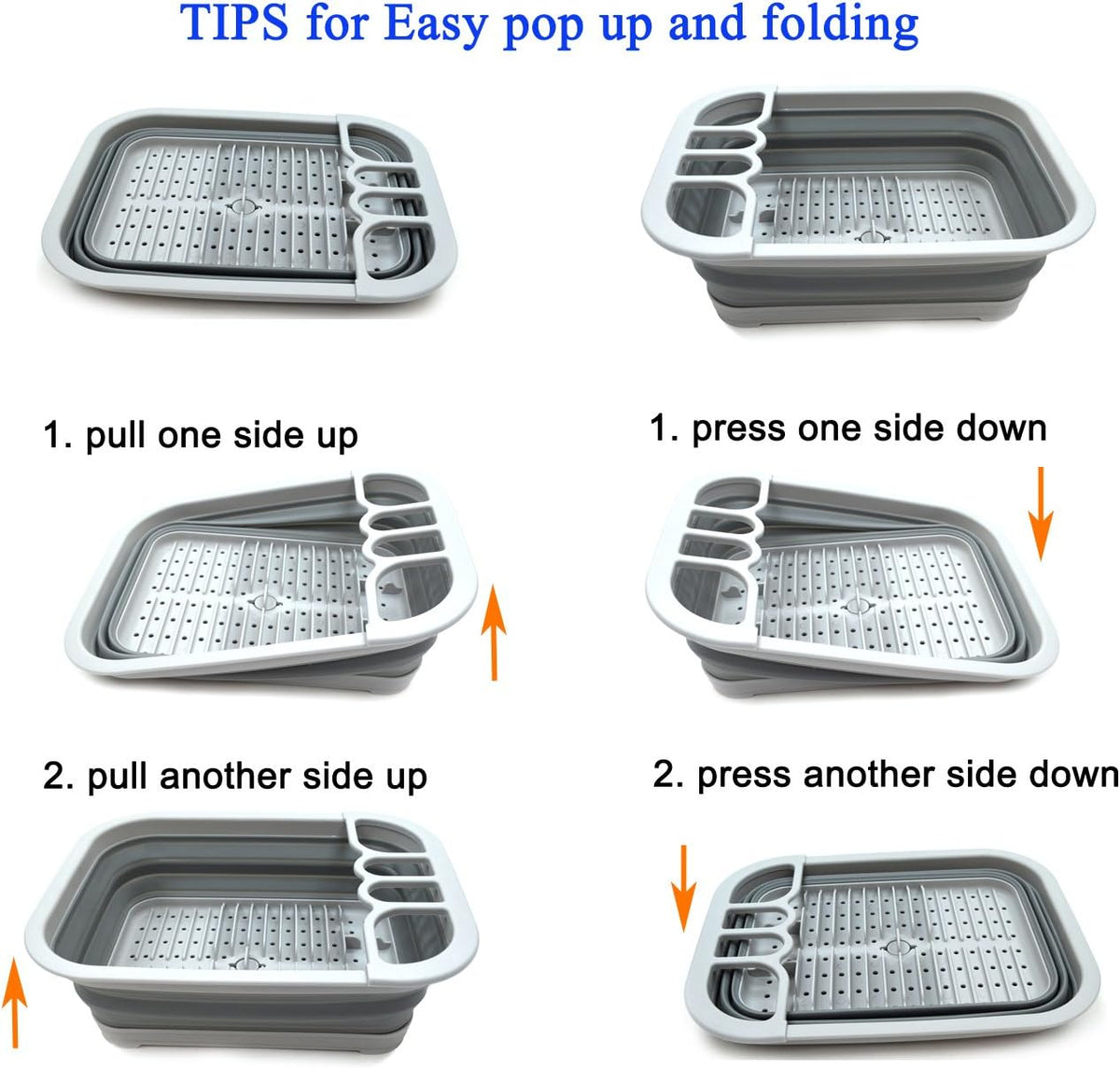 Collapsible Dish Drainer with Drainer Board - Foldable Drying Rack Set - Portable Dinnerware Organizer - Space Saving Kitchen Storage Tray (1, Grey)