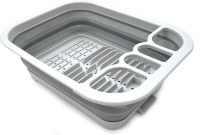 Collapsible Dish Drainer with Drainer Board - Foldable Drying Rack Set - Portable Dinnerware Organizer - Space Saving Kitchen Storage Tray (1, Grey)