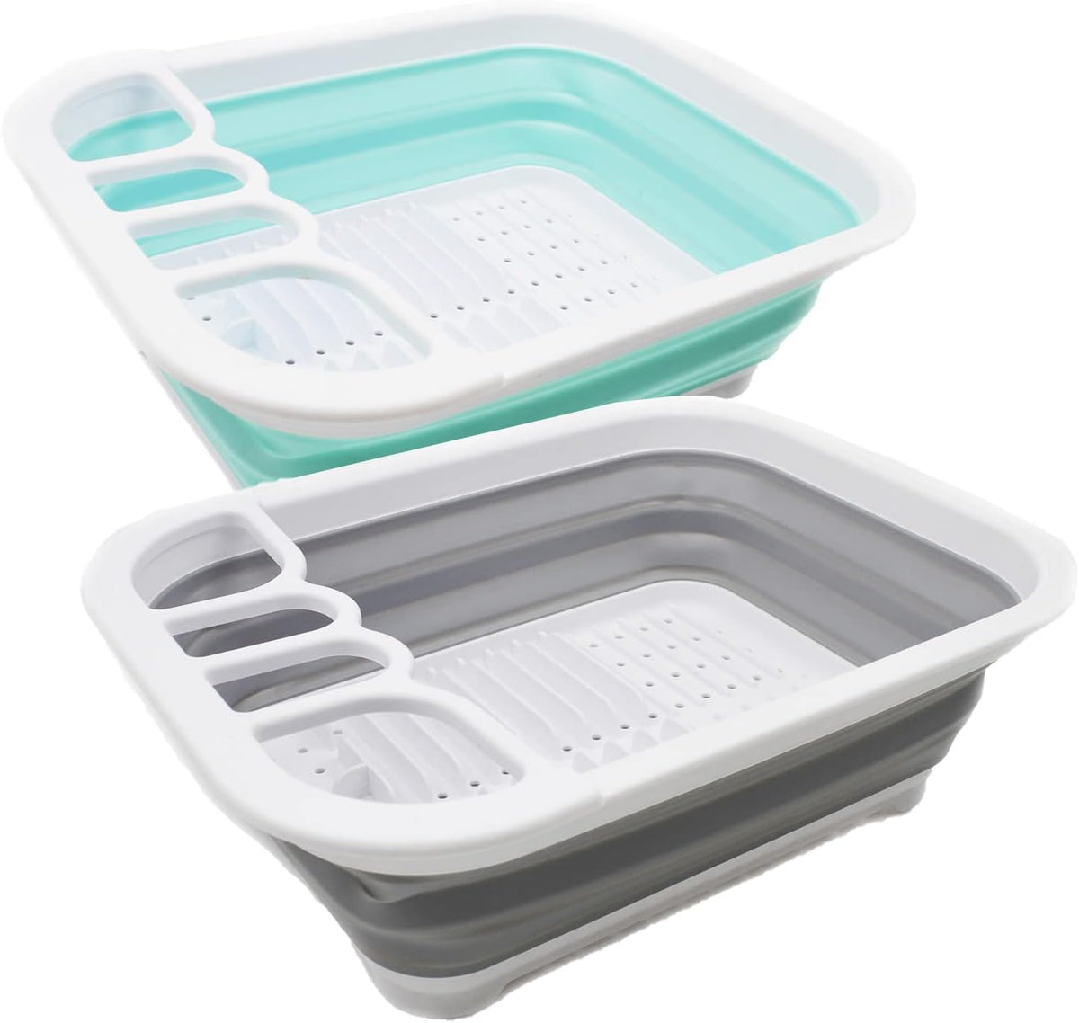 Collapsible Dish Drainer with Drainer Board - Foldable Drying Rack Set - Portable Dinnerware Organizer - Space Saving Kitchen Storage Tray (1, Grey)