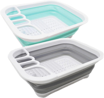 Collapsible Dish Drainer with Drainer Board - Foldable Drying Rack Set - Portable Dinnerware Organizer - Space Saving Kitchen Storage Tray (1, Grey)