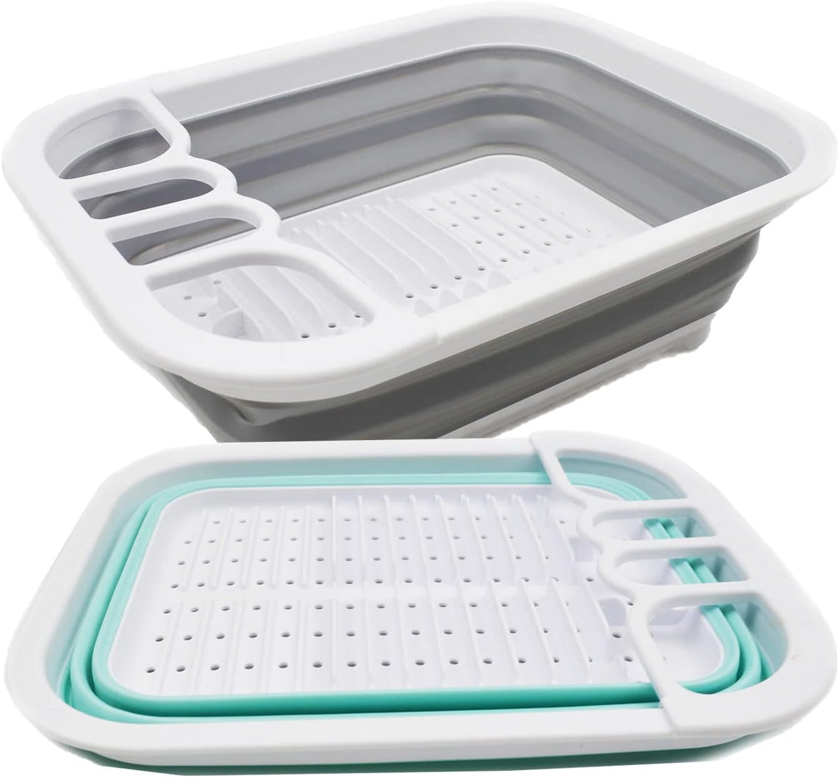 Collapsible Dish Drainer with Drainer Board - Foldable Drying Rack Set - Portable Dinnerware Organizer - Space Saving Kitchen Storage Tray (1, Grey)