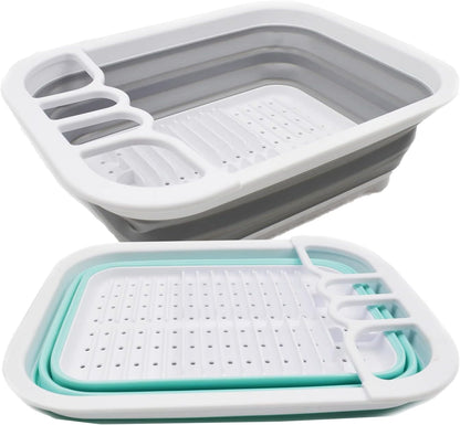 Collapsible Dish Drainer with Drainer Board - Foldable Drying Rack Set - Portable Dinnerware Organizer - Space Saving Kitchen Storage Tray (1, Grey)
