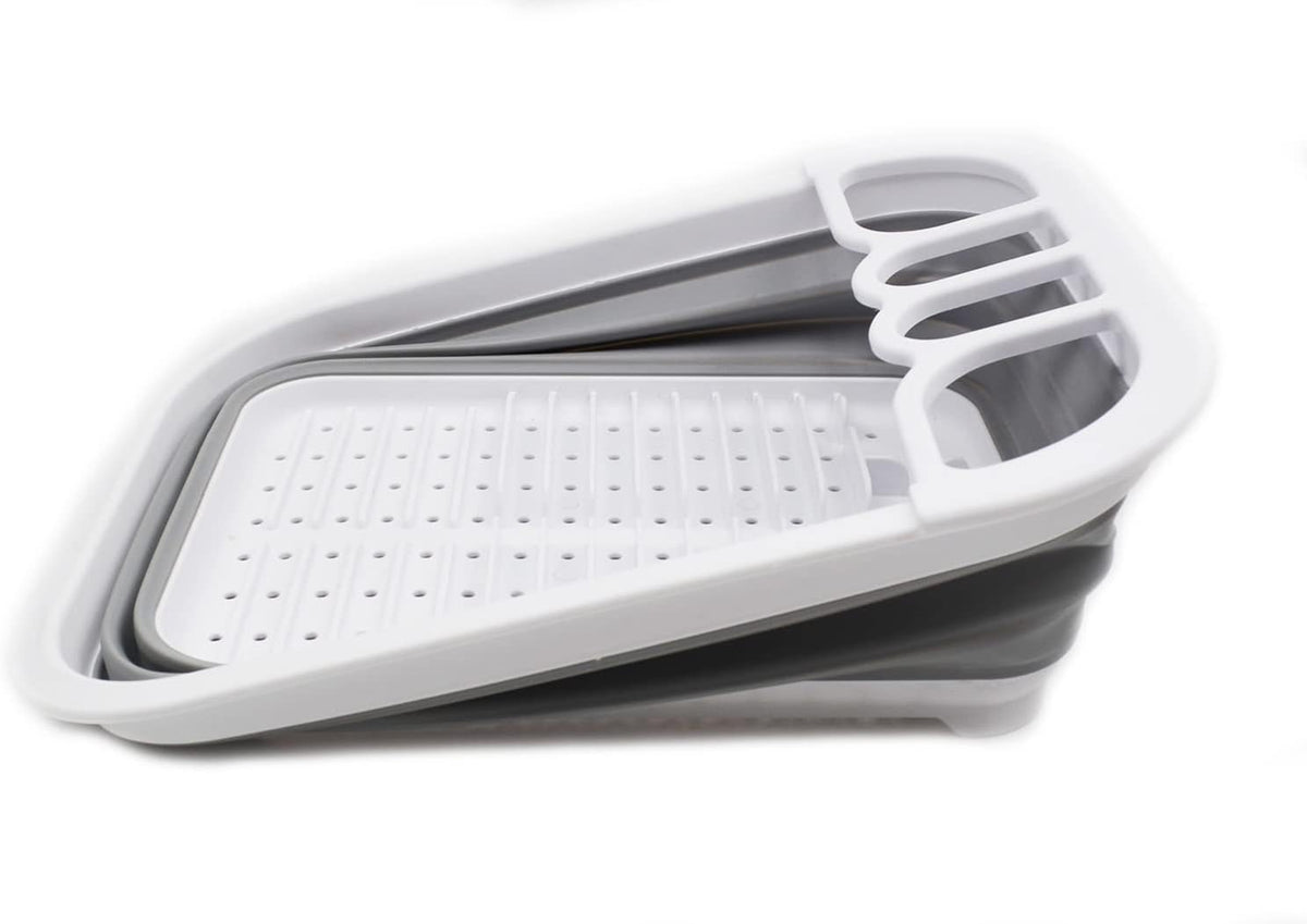 Collapsible Dish Drainer with Drainer Board - Foldable Drying Rack Set - Portable Dinnerware Organizer - Space Saving Kitchen Storage Tray (1, Grey)