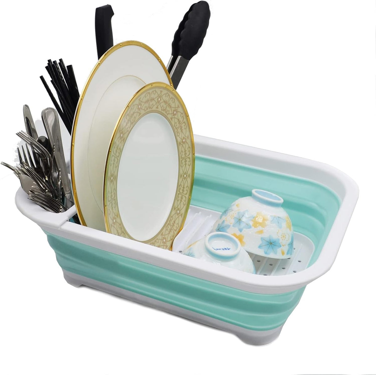 Collapsible Dish Drainer with Drainer Board - Foldable Drying Rack Set - Portable Dinnerware Organizer - Space Saving Kitchen Storage Tray (1, Grey)