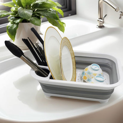 Collapsible Dish Drainer with Drainer Board - Foldable Drying Rack Set - Portable Dinnerware Organizer - Space Saving Kitchen Storage Tray (1, Grey)