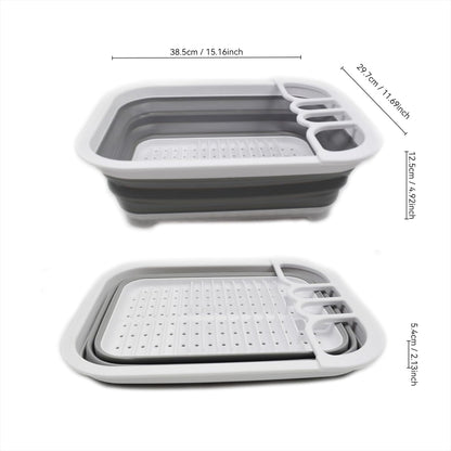Collapsible Dish Drainer with Drainer Board - Foldable Drying Rack Set - Portable Dinnerware Organizer - Space Saving Kitchen Storage Tray (1, Grey)