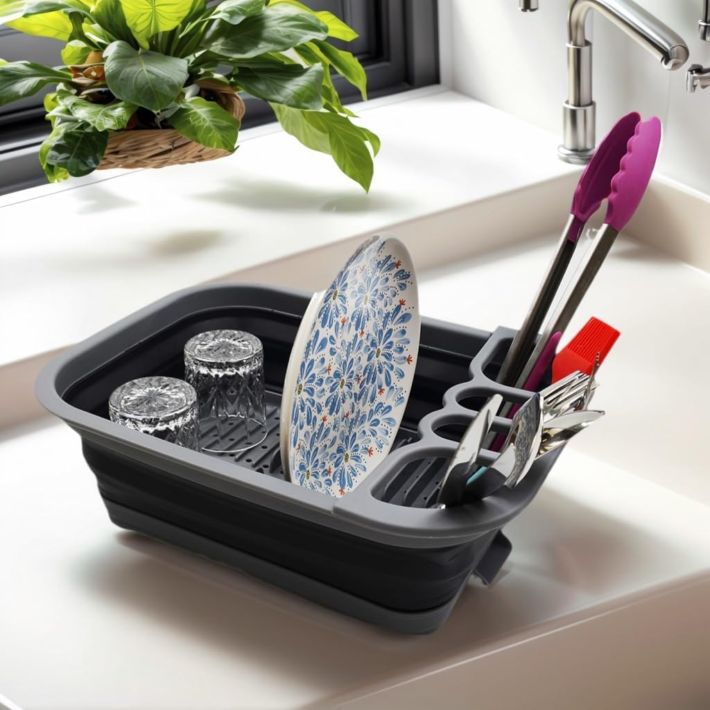 Collapsible Dish Drainer with Drainer Board - Foldable Drying Rack Set - Portable Dinnerware Organizer - Space Saving Kitchen Storage Tray (1, Grey)