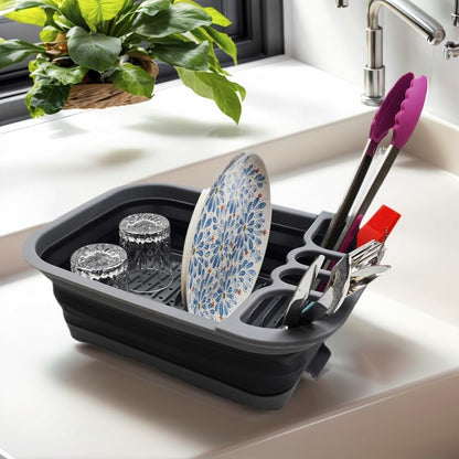 Collapsible Dish Drainer with Drainer Board - Foldable Drying Rack Set - Portable Dinnerware Organizer - Space Saving Kitchen Storage Tray (1, Grey)