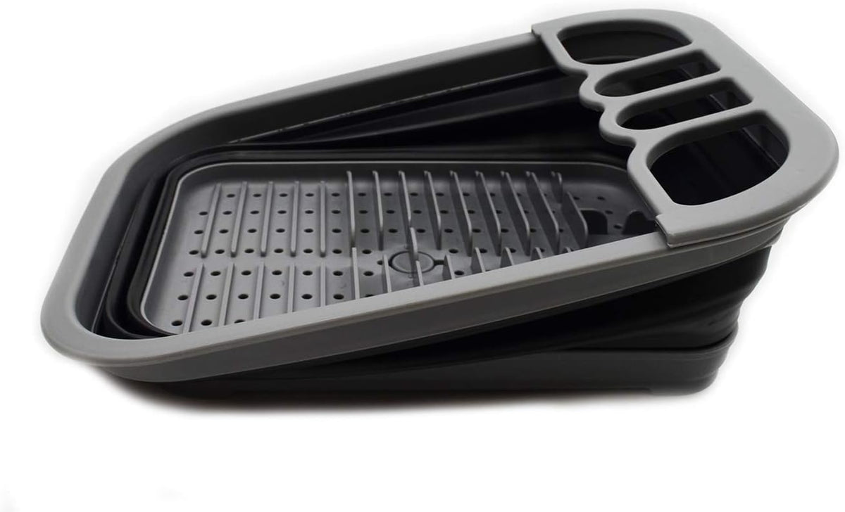 Collapsible Dish Drainer with Drainer Board - Foldable Drying Rack Set - Portable Dinnerware Organizer - Space Saving Kitchen Storage Tray (1, Grey)