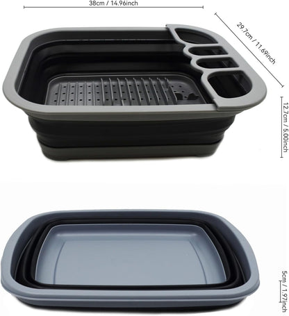 Collapsible Dish Drainer with Drainer Board - Foldable Drying Rack Set - Portable Dinnerware Organizer - Space Saving Kitchen Storage Tray (1, Grey)