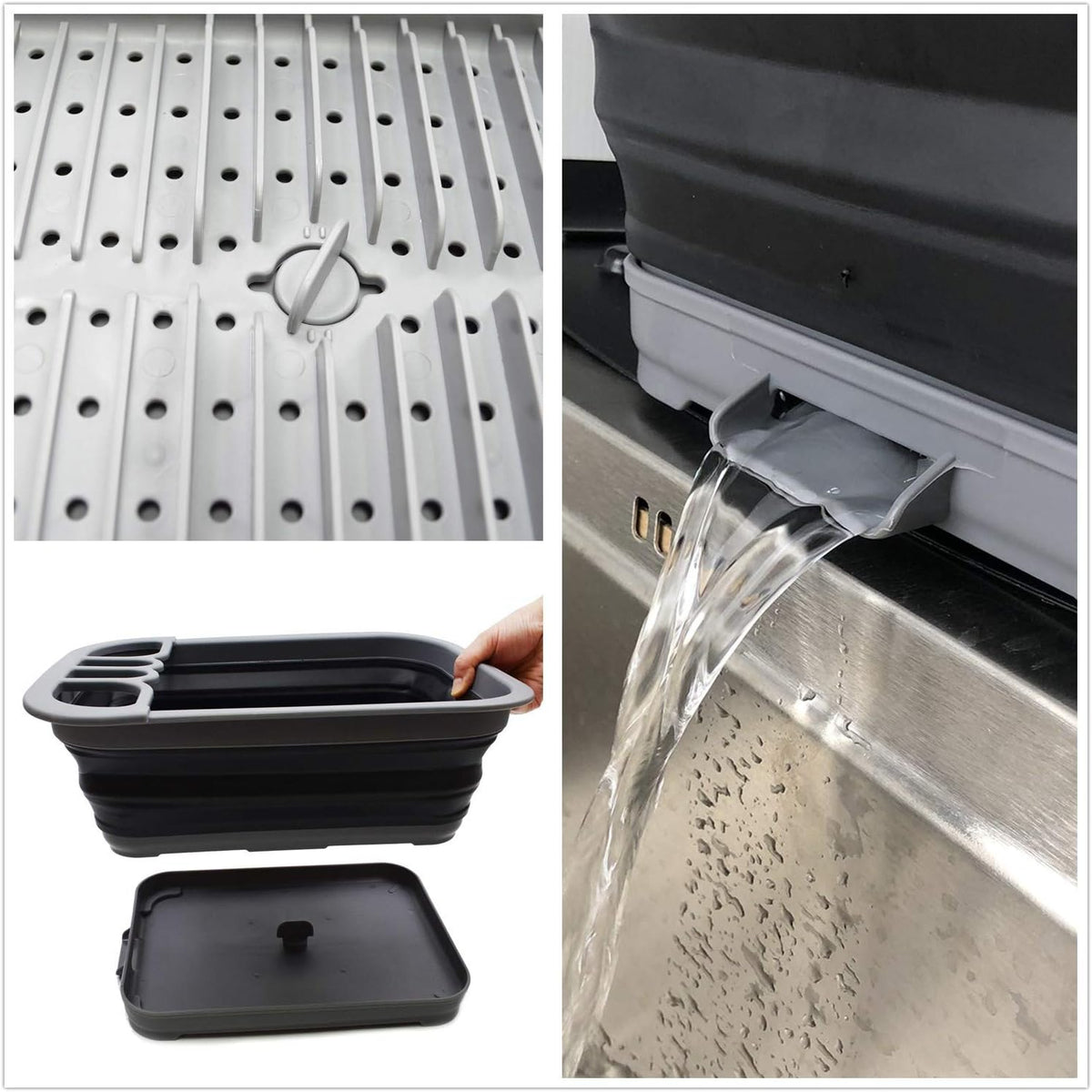 Collapsible Dish Drainer with Drainer Board - Foldable Drying Rack Set - Portable Dinnerware Organizer - Space Saving Kitchen Storage Tray (1, Grey)