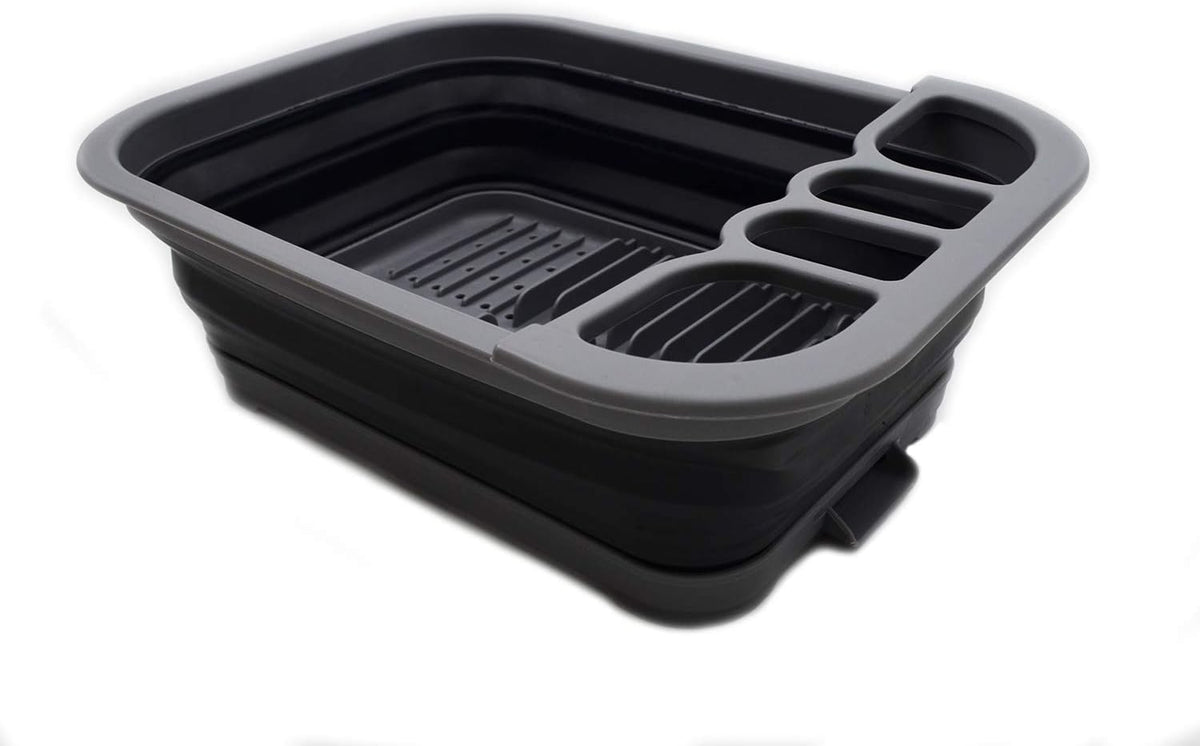 Collapsible Dish Drainer with Drainer Board - Foldable Drying Rack Set - Portable Dinnerware Organizer - Space Saving Kitchen Storage Tray (1, Grey)