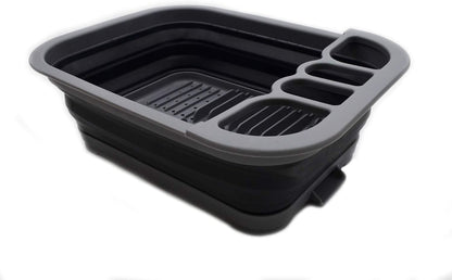 Collapsible Dish Drainer with Drainer Board - Foldable Drying Rack Set - Portable Dinnerware Organizer - Space Saving Kitchen Storage Tray (1, Grey)