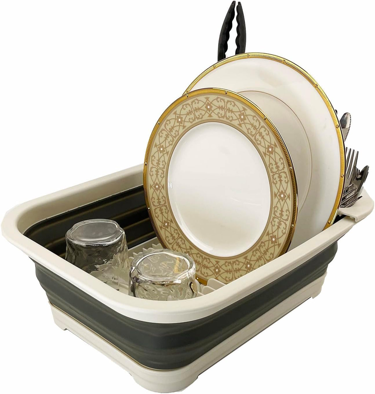 Collapsible Dish Drainer with Drainer Board - Foldable Drying Rack Set - Portable Dinnerware Organizer - Space Saving Kitchen Storage Tray (1, Grey)