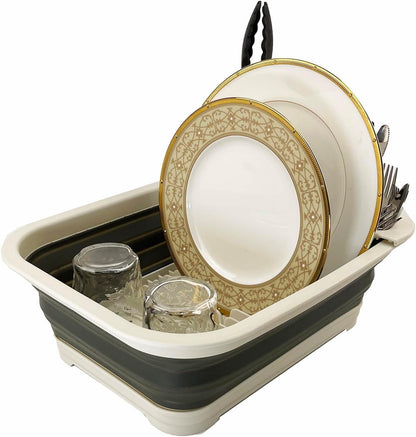 Collapsible Dish Drainer with Drainer Board - Foldable Drying Rack Set - Portable Dinnerware Organizer - Space Saving Kitchen Storage Tray (1, Grey)