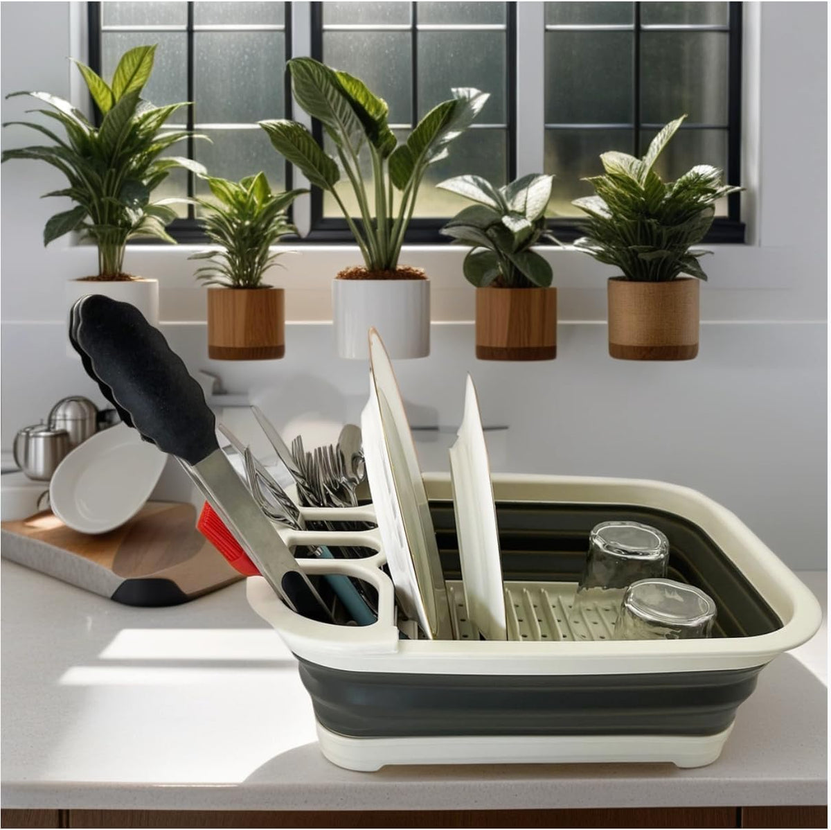 Collapsible Dish Drainer with Drainer Board - Foldable Drying Rack Set - Portable Dinnerware Organizer - Space Saving Kitchen Storage Tray (1, Grey)