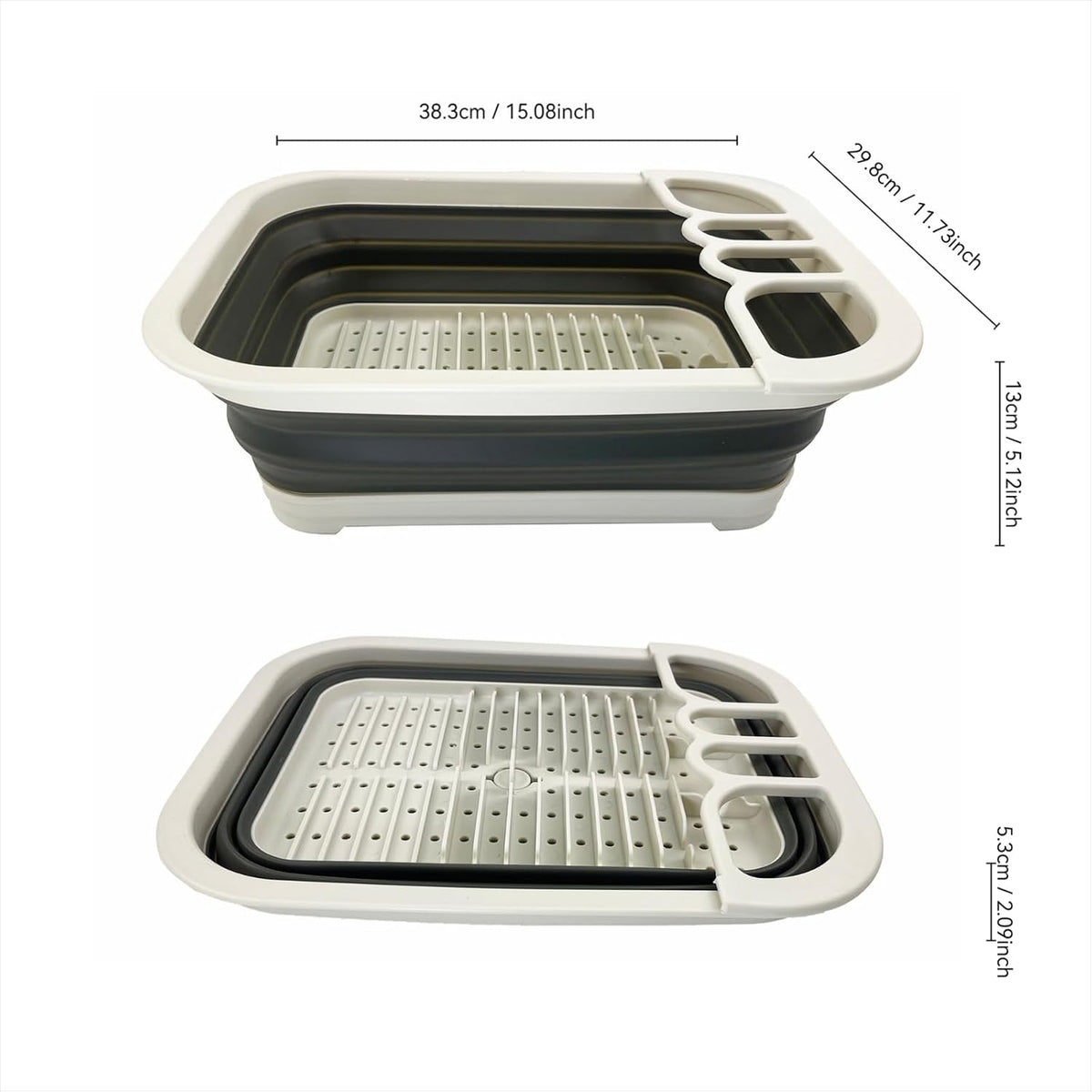 Collapsible Dish Drainer with Drainer Board - Foldable Drying Rack Set - Portable Dinnerware Organizer - Space Saving Kitchen Storage Tray (1, Grey)