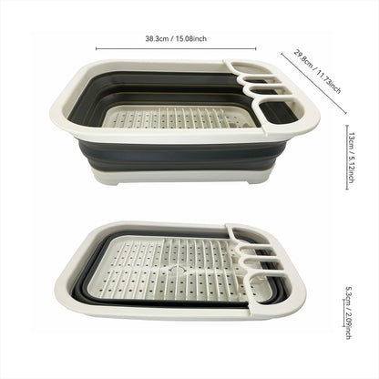 Collapsible Dish Drainer with Drainer Board - Foldable Drying Rack Set - Portable Dinnerware Organizer - Space Saving Kitchen Storage Tray (1, Grey)