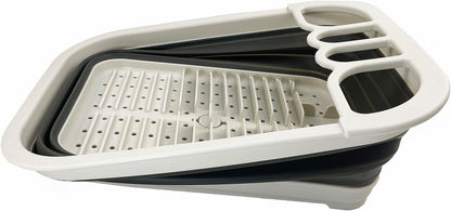 Collapsible Dish Drainer with Drainer Board - Foldable Drying Rack Set - Portable Dinnerware Organizer - Space Saving Kitchen Storage Tray (1, Grey)