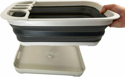 Collapsible Dish Drainer with Drainer Board - Foldable Drying Rack Set - Portable Dinnerware Organizer - Space Saving Kitchen Storage Tray (1, Grey)