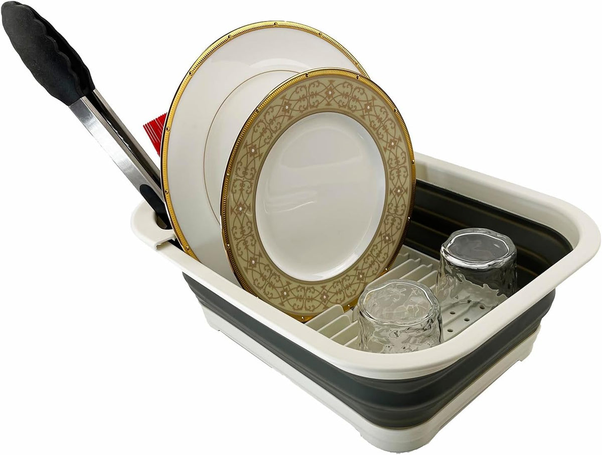 Collapsible Dish Drainer with Drainer Board - Foldable Drying Rack Set - Portable Dinnerware Organizer - Space Saving Kitchen Storage Tray (1, Grey)
