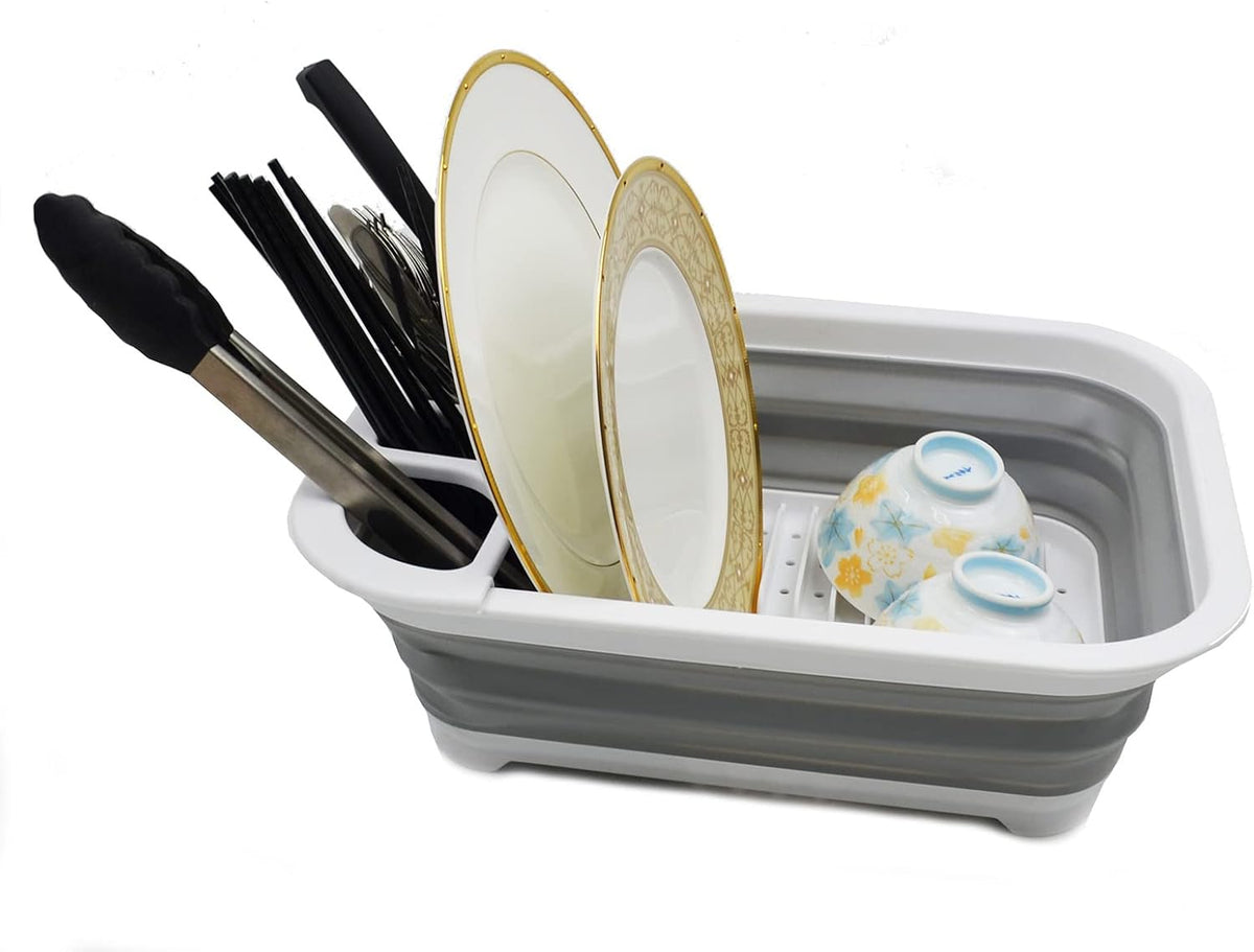 Collapsible Dish Drainer with Drainer Board - Foldable Drying Rack Set - Portable Dinnerware Organizer - Space Saving Kitchen Storage Tray (1, Grey)