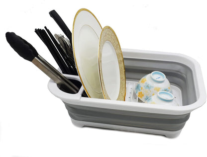 Collapsible Dish Drainer with Drainer Board - Foldable Drying Rack Set - Portable Dinnerware Organizer - Space Saving Kitchen Storage Tray (1, Grey)
