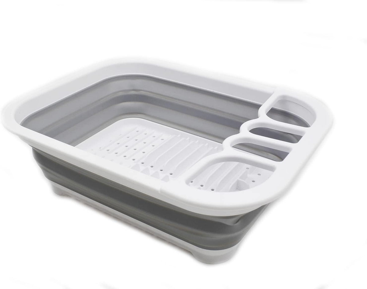 Collapsible Dish Drainer with Drainer Board - Foldable Drying Rack Set - Portable Dinnerware Organizer - Space Saving Kitchen Storage Tray (1, Grey)