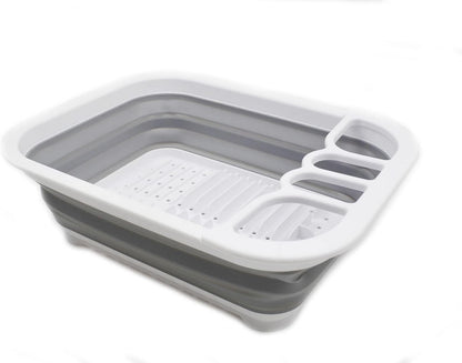 Collapsible Dish Drainer with Drainer Board - Foldable Drying Rack Set - Portable Dinnerware Organizer - Space Saving Kitchen Storage Tray (1, Grey)