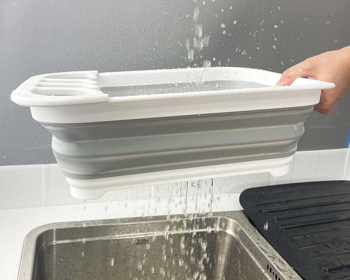 Collapsible Dish Drainer with Drainer Board - Foldable Drying Rack Set - Portable Dinnerware Organizer - Space Saving Kitchen Storage Tray (1, Grey)