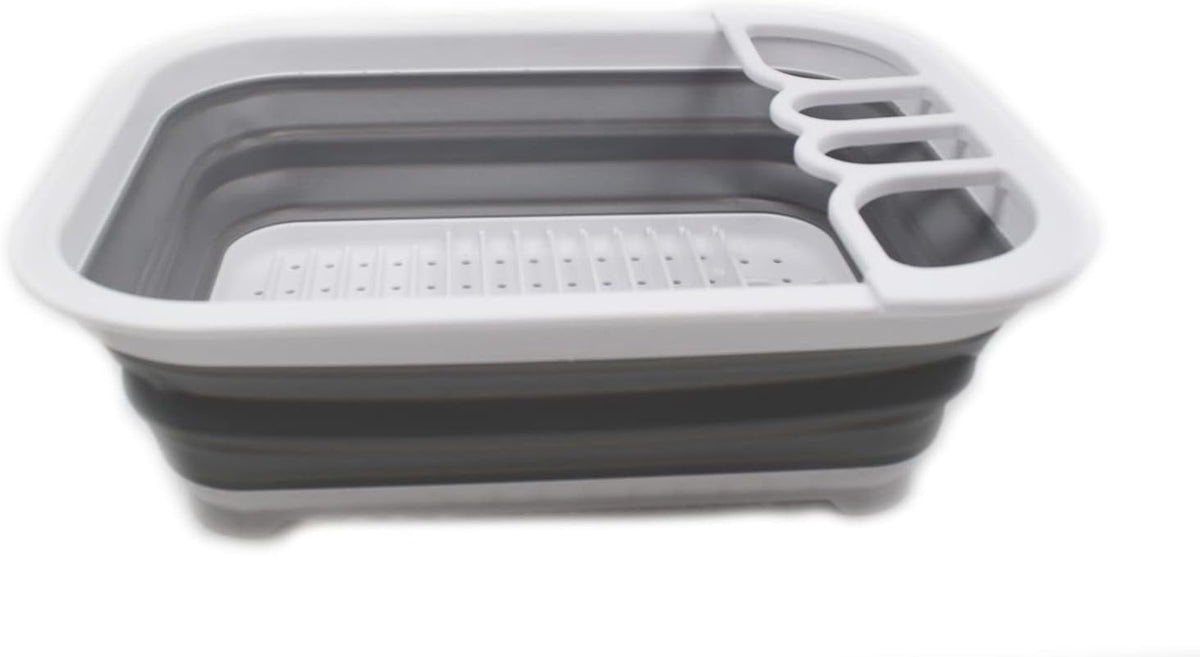 Collapsible Dish Drainer with Drainer Board - Foldable Drying Rack Set - Portable Dinnerware Organizer - Space Saving Kitchen Storage Tray (1, Grey)