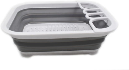 Collapsible Dish Drainer with Drainer Board - Foldable Drying Rack Set - Portable Dinnerware Organizer - Space Saving Kitchen Storage Tray (1, Grey)