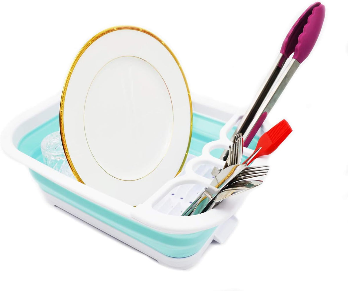 Collapsible Dish Drainer with Drainer Board - Foldable Drying Rack Set - Portable Dinnerware Organizer - Space Saving Kitchen Storage Tray (1, Grey)