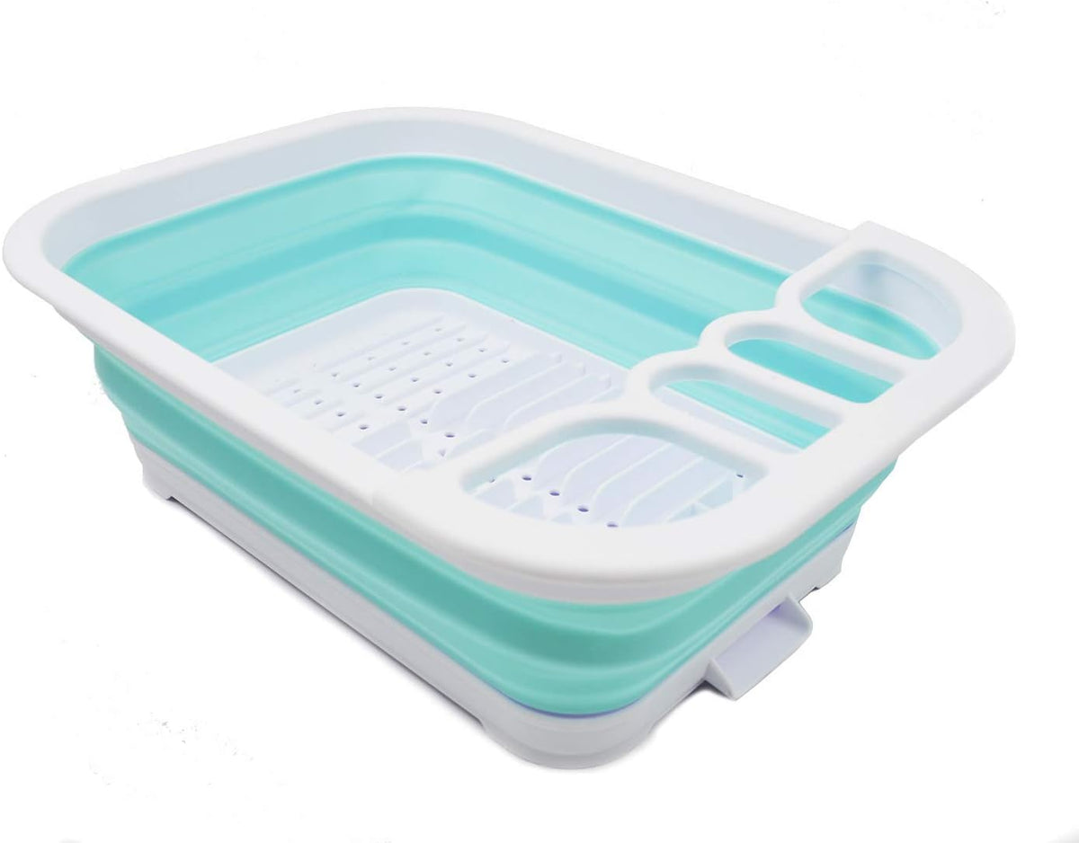 Collapsible Dish Drainer with Drainer Board - Foldable Drying Rack Set - Portable Dinnerware Organizer - Space Saving Kitchen Storage Tray (1, Grey)
