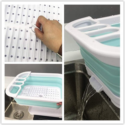 Collapsible Dish Drainer with Drainer Board - Foldable Drying Rack Set - Portable Dinnerware Organizer - Space Saving Kitchen Storage Tray (1, Grey)