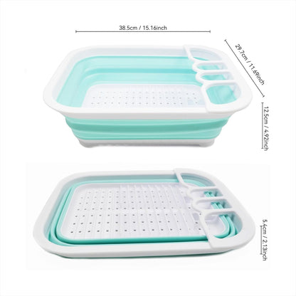 Collapsible Dish Drainer with Drainer Board - Foldable Drying Rack Set - Portable Dinnerware Organizer - Space Saving Kitchen Storage Tray (1, Grey)