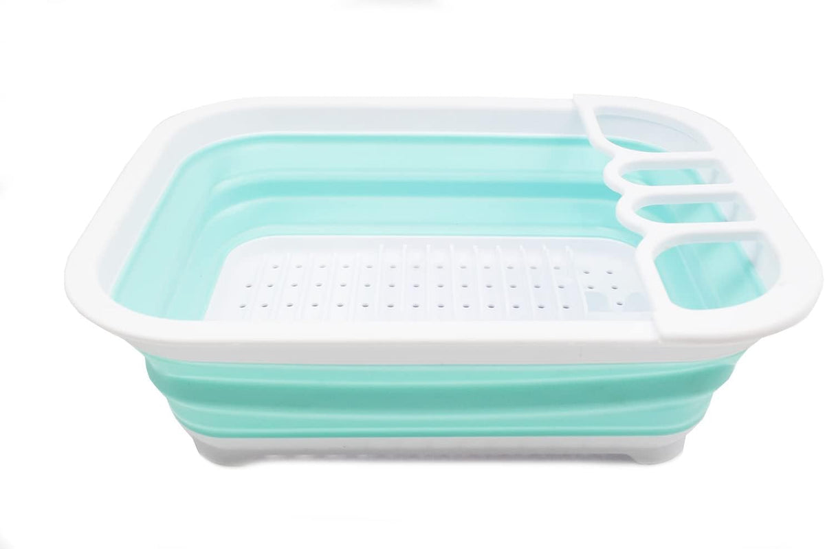 Collapsible Dish Drainer with Drainer Board - Foldable Drying Rack Set - Portable Dinnerware Organizer - Space Saving Kitchen Storage Tray (1, Grey)